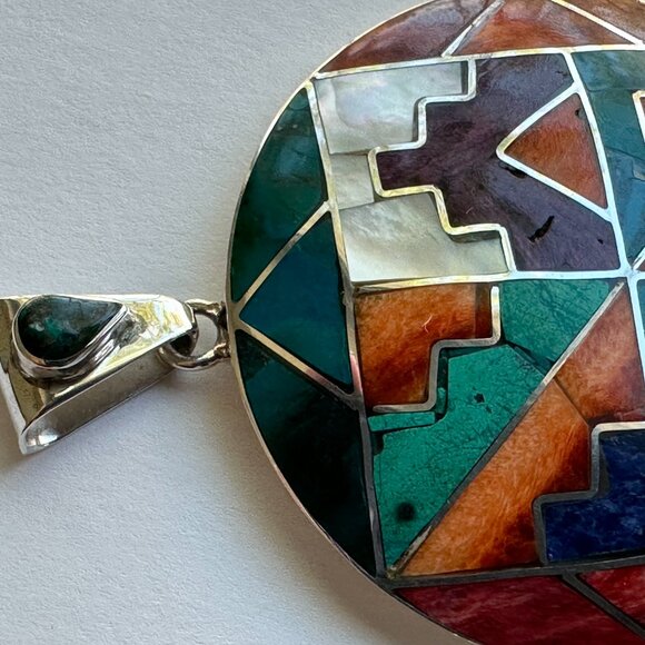 Peruvian 950 Sterling Silver Pendant | Circular Mosaic Inlay with Natural Stones - Picture 13 of 13